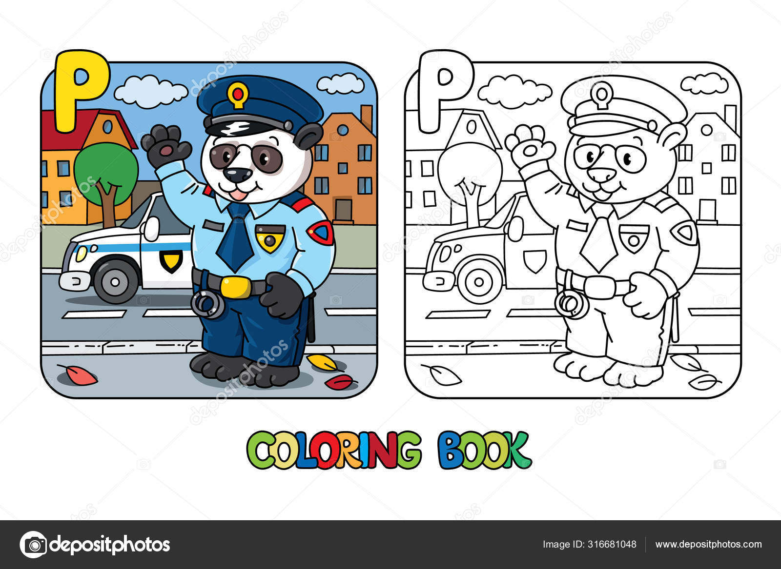 Panda policeman coloring book animal alphabet p stock vector by passengerz