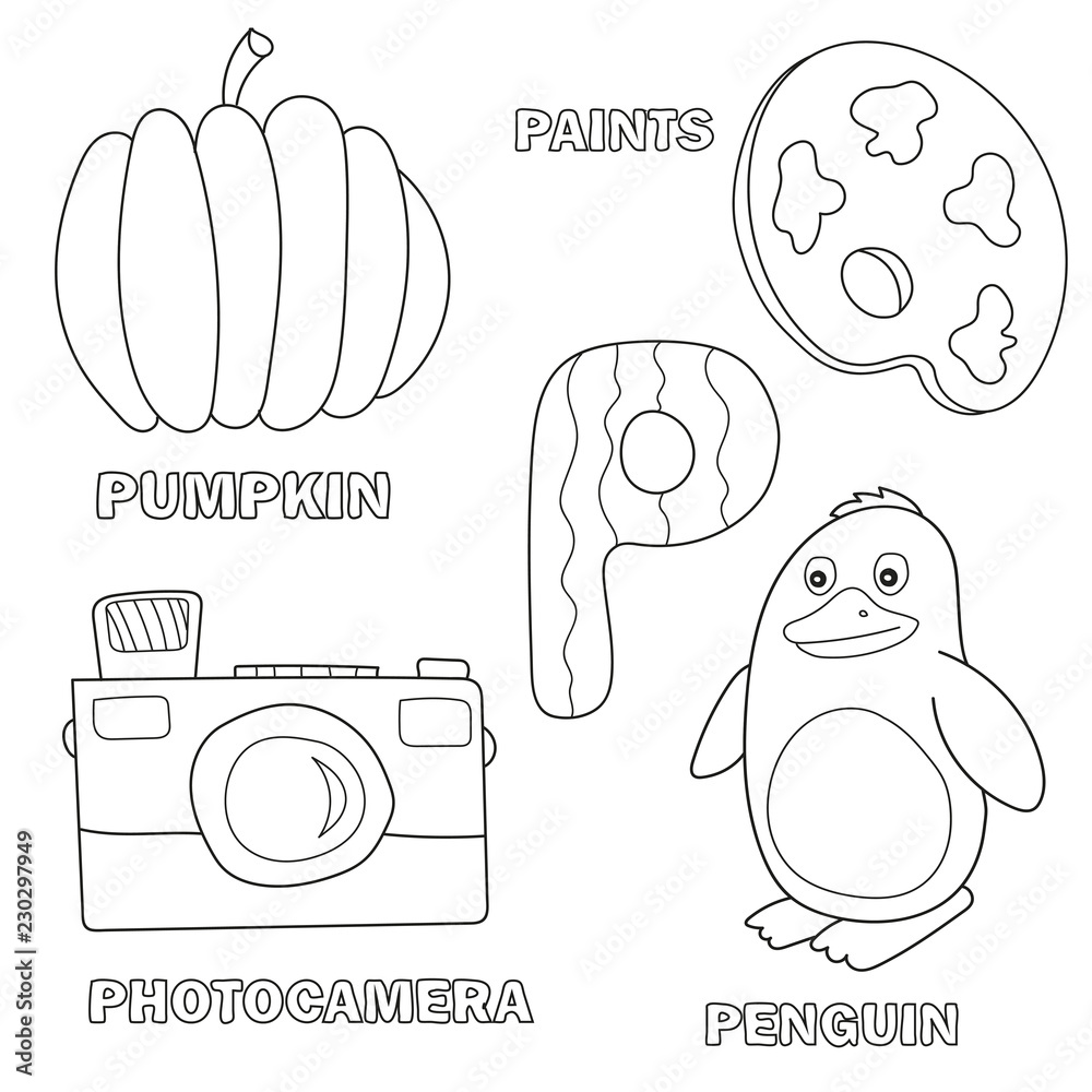 Kids alphabet coloring book page with outlined clip arts letter p