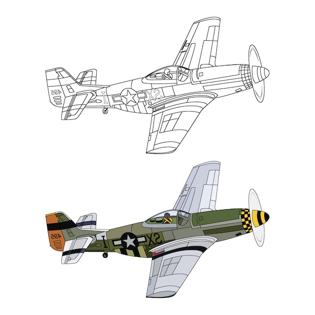 Premium vector detailed side of green military airplane with black stroke option for customable color book