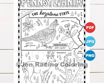 Pennsylvania coloring page united states state map wildlife state symbols flowers coloring pages instant download