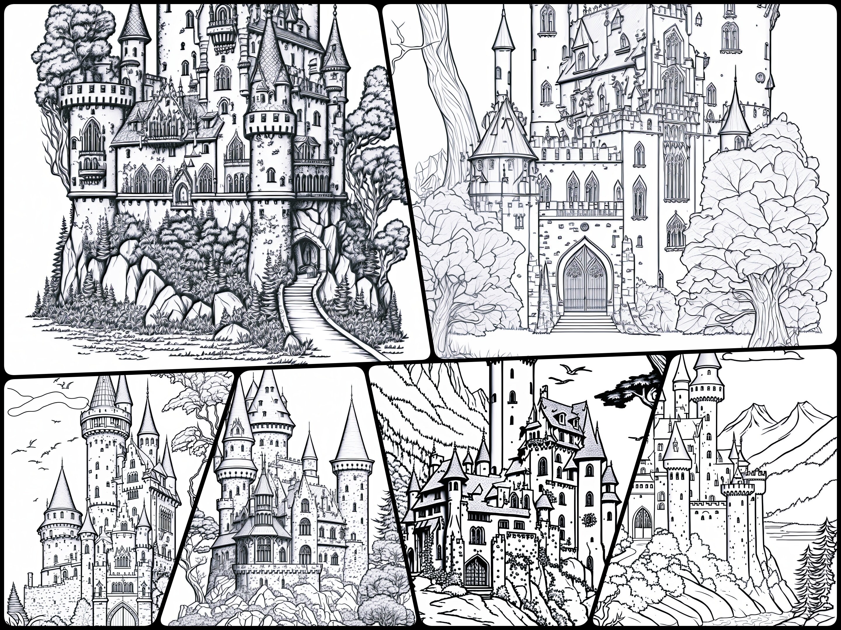 Fairy tale land grayscale illustrations castles beautiful palace coloring pages for adults and children instant download printable pdf