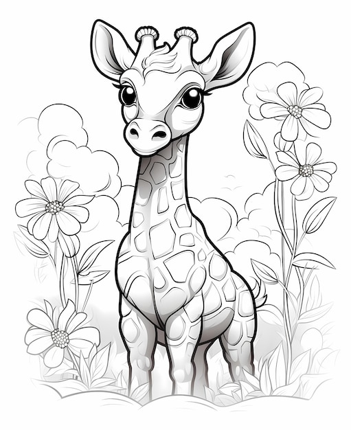 Premium ai image playful giraffe pal coloring page for children with cute cartoon giraffe thick lines