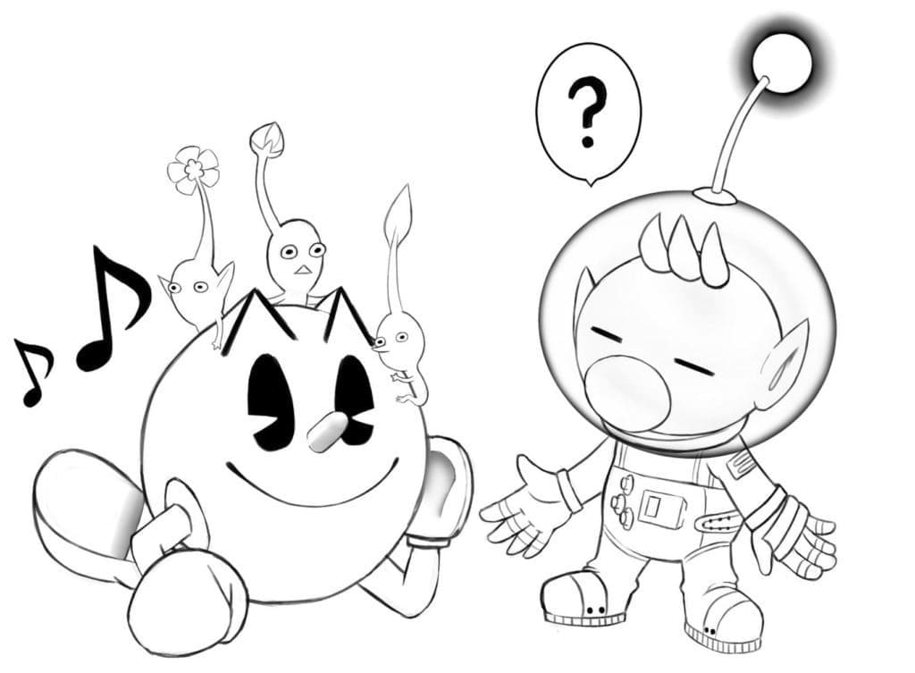 Pac man and alien coloring page