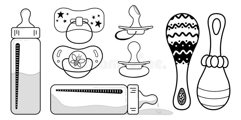 Baby coloring kit contour drawing bottle pacifier rattle baby sets vector black and white coloring book page stock vector