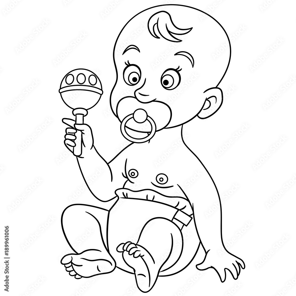 Coloring page toddler character cartoon baby boy or girl in a diaper with pacifier playing toys design for kids coloring book vector