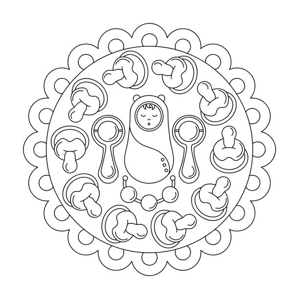 Coloring page mandala baby care accessories baby newborn rattle toy and pacifier round vector illustration stock illustration