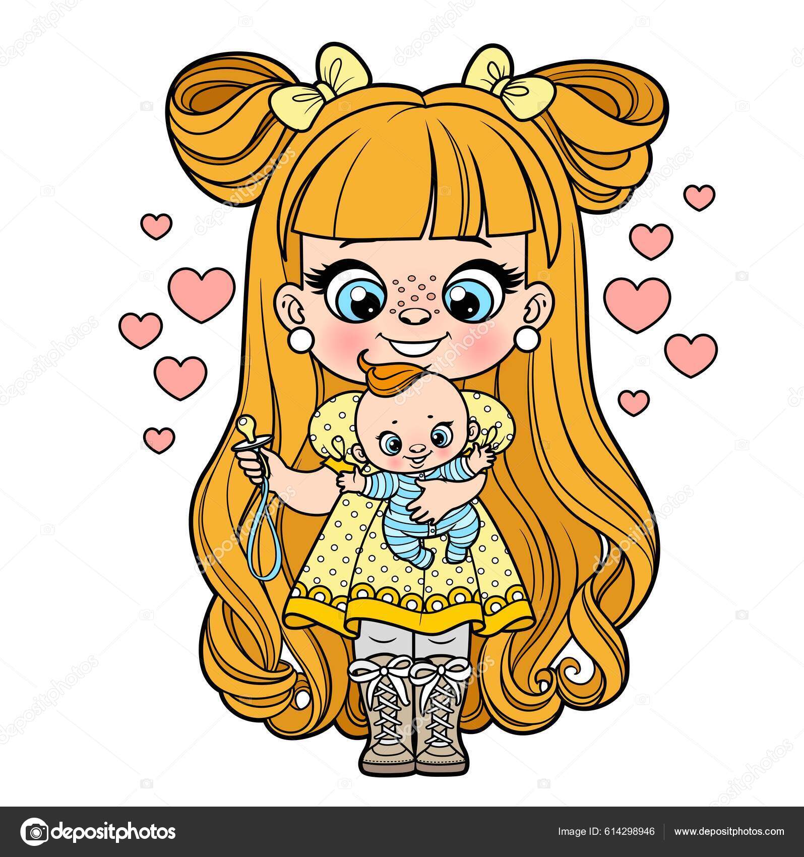 Cute cartoon long haired girl baby doll pacifier color variation stock vector by yadviga