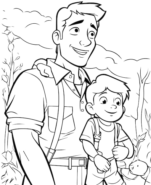 Premium vector hand drawn vector coloring page of father and son fathers day coloring page for kids and adults