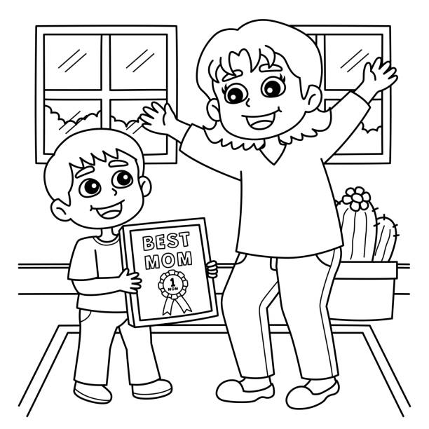 Mothers day child giving an award coloring page stock illustration