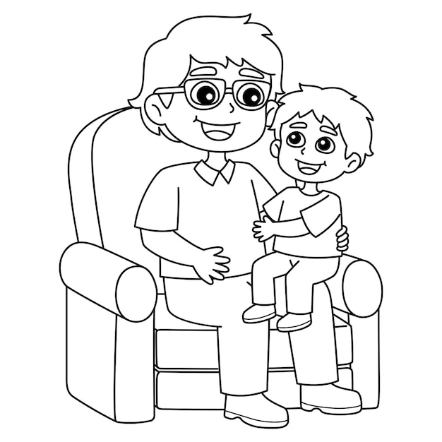 Premium vector son sitting on fathers lap isolated coloring page