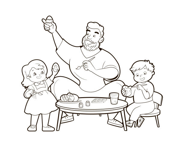 Coloring book children with dad paint easter eggs for easter happy family fathers day vector illustration in cartoon style black and white line art stock illustration
