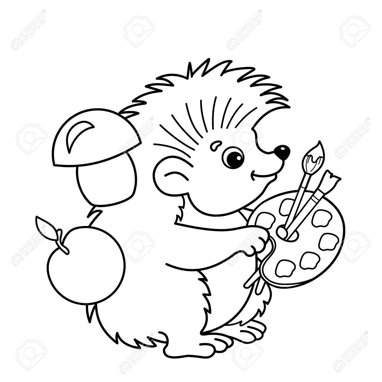 Coloring page outline of cartoon hedgehog with brushes and paints coloring book for kids royalty free svg cliparts vectors and stock illustration image
