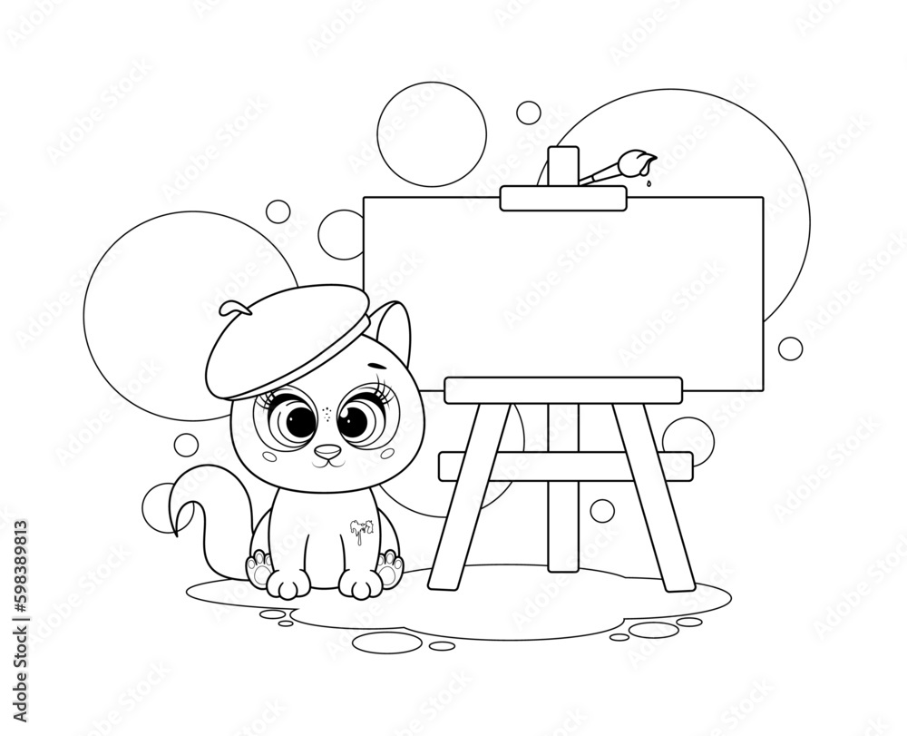 Coloring page cute artist kitten with easel and paint brush vector