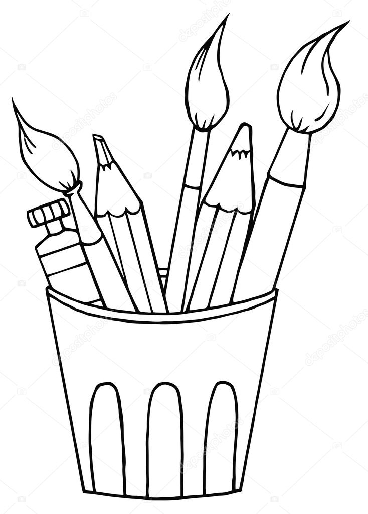Coloring page outline cup pencils paintbrushes stock photo by hittoon