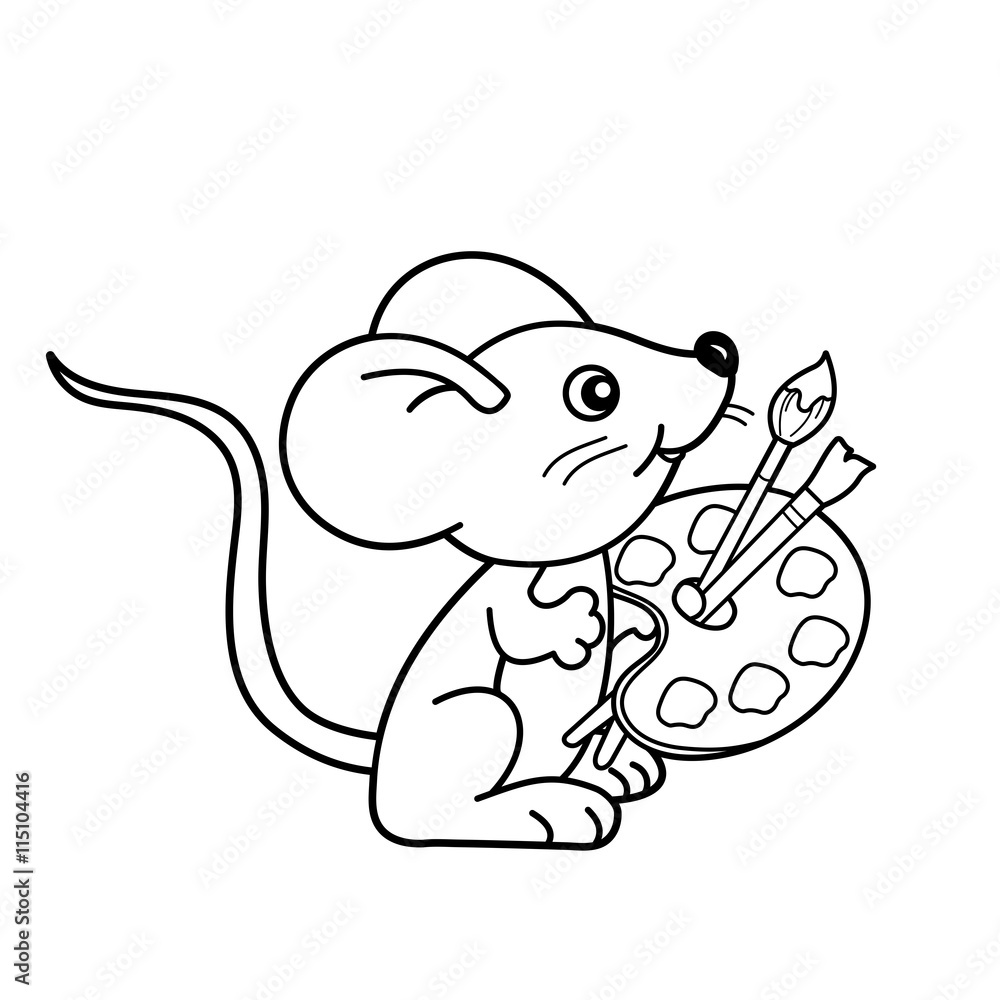 Coloring page outline of cartoon little mouse with brushes and paints coloring book for kids vector