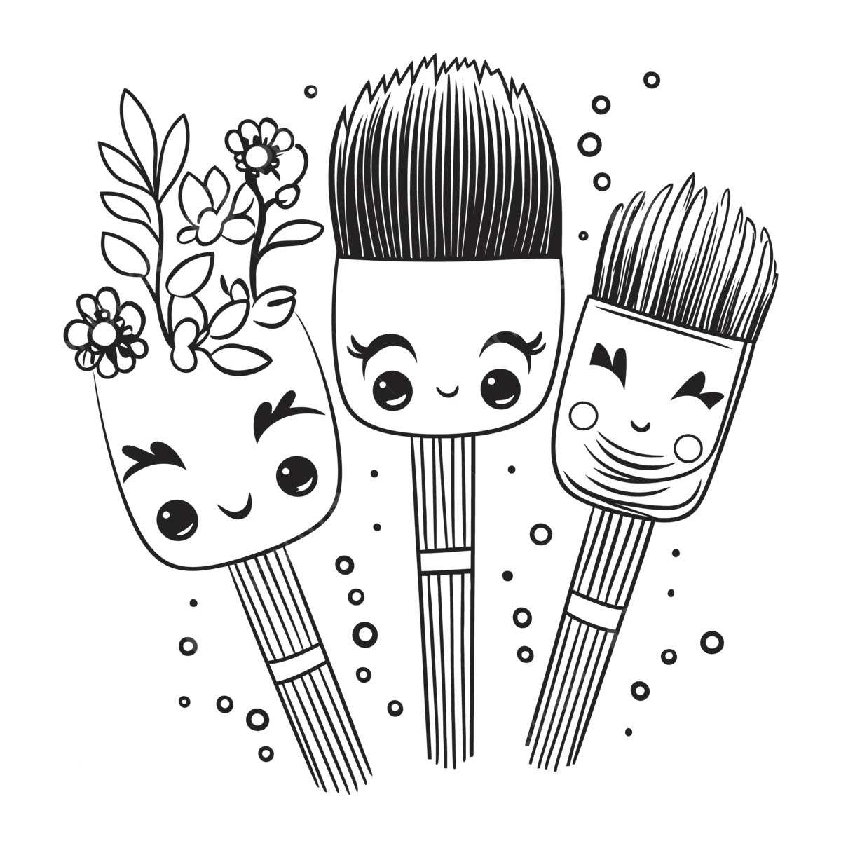 Three paint brushes made by hand showcasing smiling faces and flowers outline sketch drawing vector flower drawing flowers drawing paint brush drawing png and vector with transparent background for free download