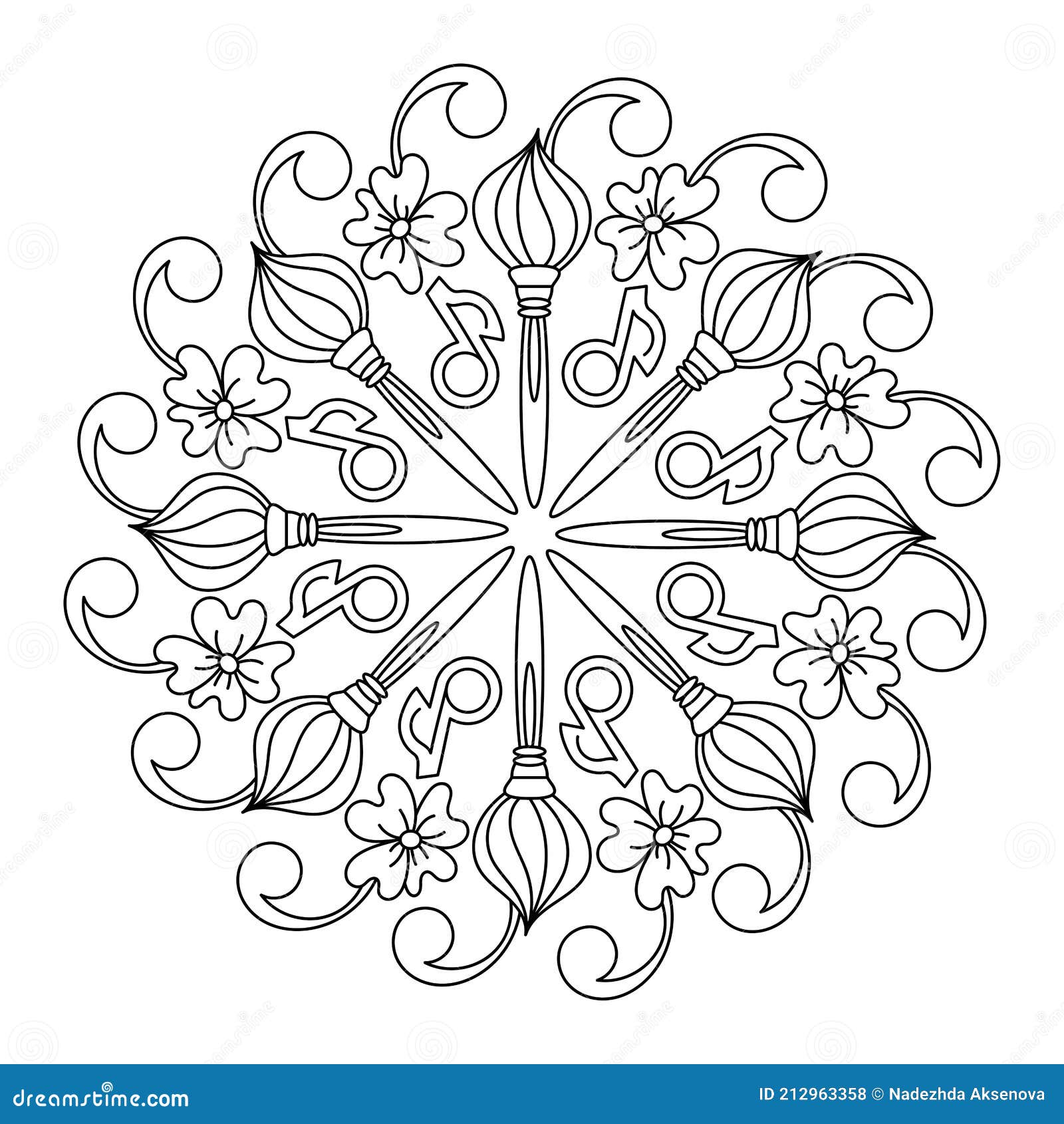 Coloring book mandala artistic and musical creativity paint brushes musical notes and flowers stock illustration
