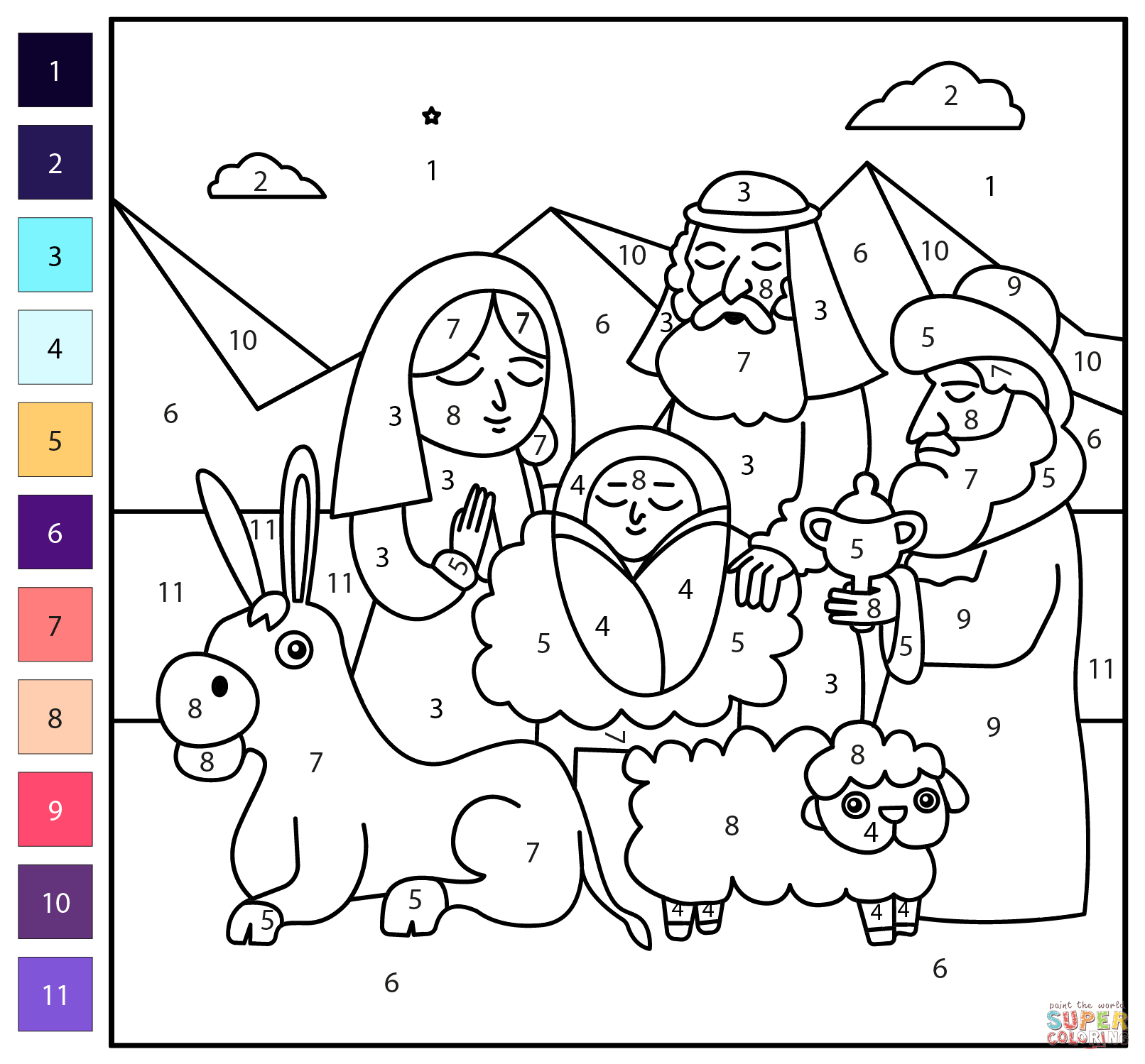 Nativity scene color by number coloring page free printable coloring pages