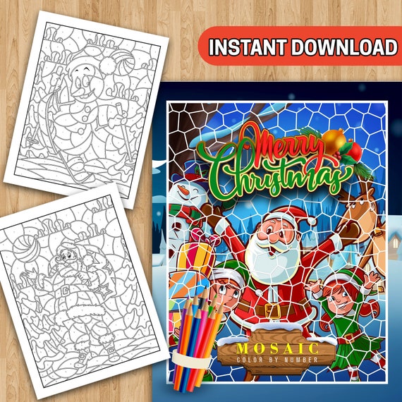 Best value merry christmas mosaic color by number book instant download coloring pages with festive holiday scenes for adults to enjoy download now