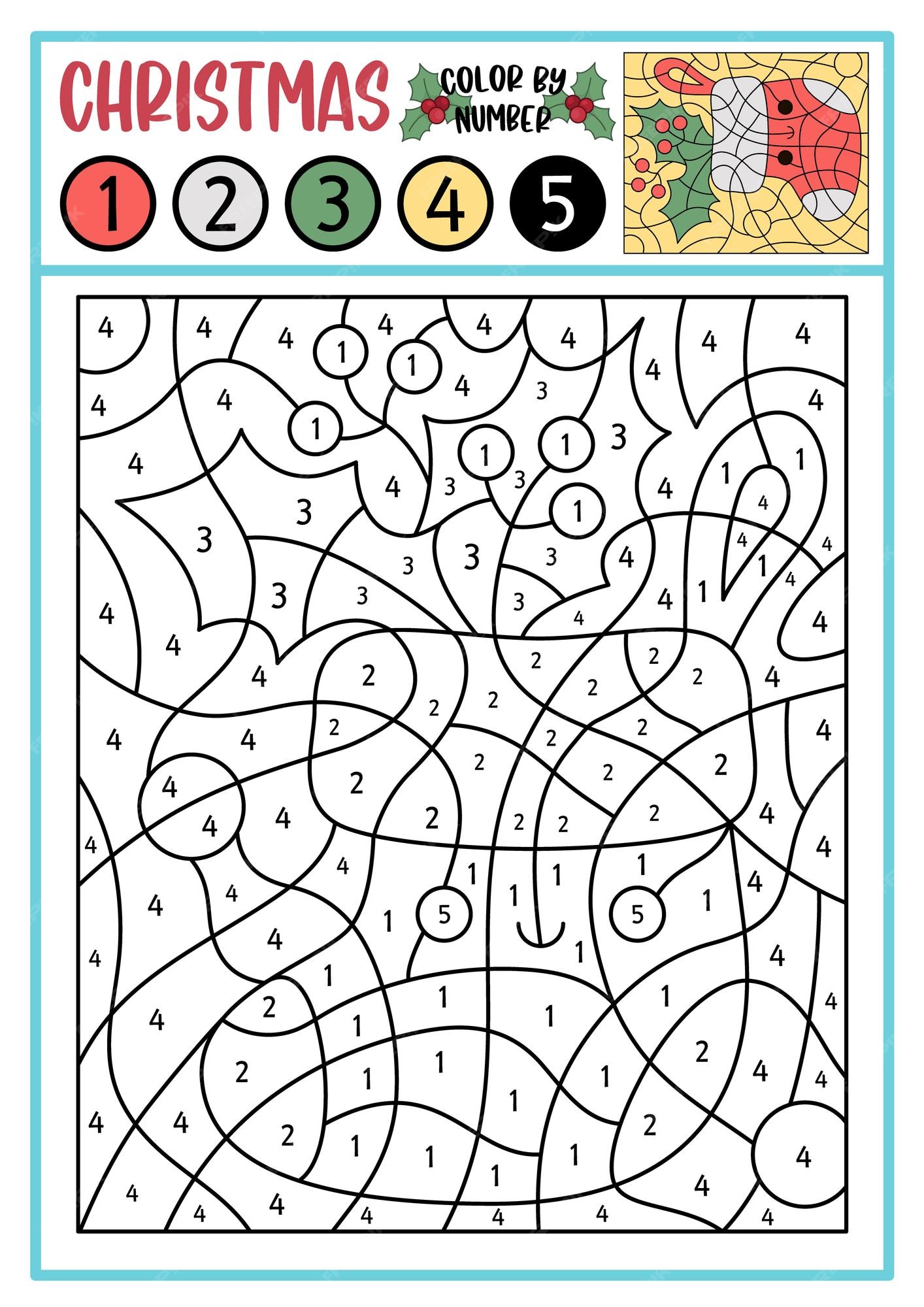 Premium vector vector christmas color by number activity with cute kawaii stocking winter holiday scene