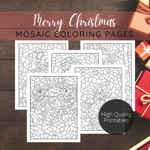 Best value set of merry christmas mosaic color by number book instant download coloring pages with festive holiday scenes perfect gift