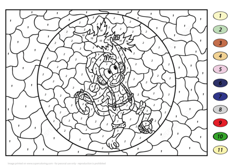 Christmas monkey color by number free printable coloring pages