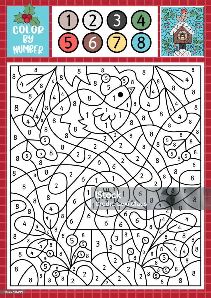 Vector christmas color by number activity with cute kawaii bird house snow winter holiday scene black and white counting game with nestling leaves berries new year coloring page for kids stock illustration
