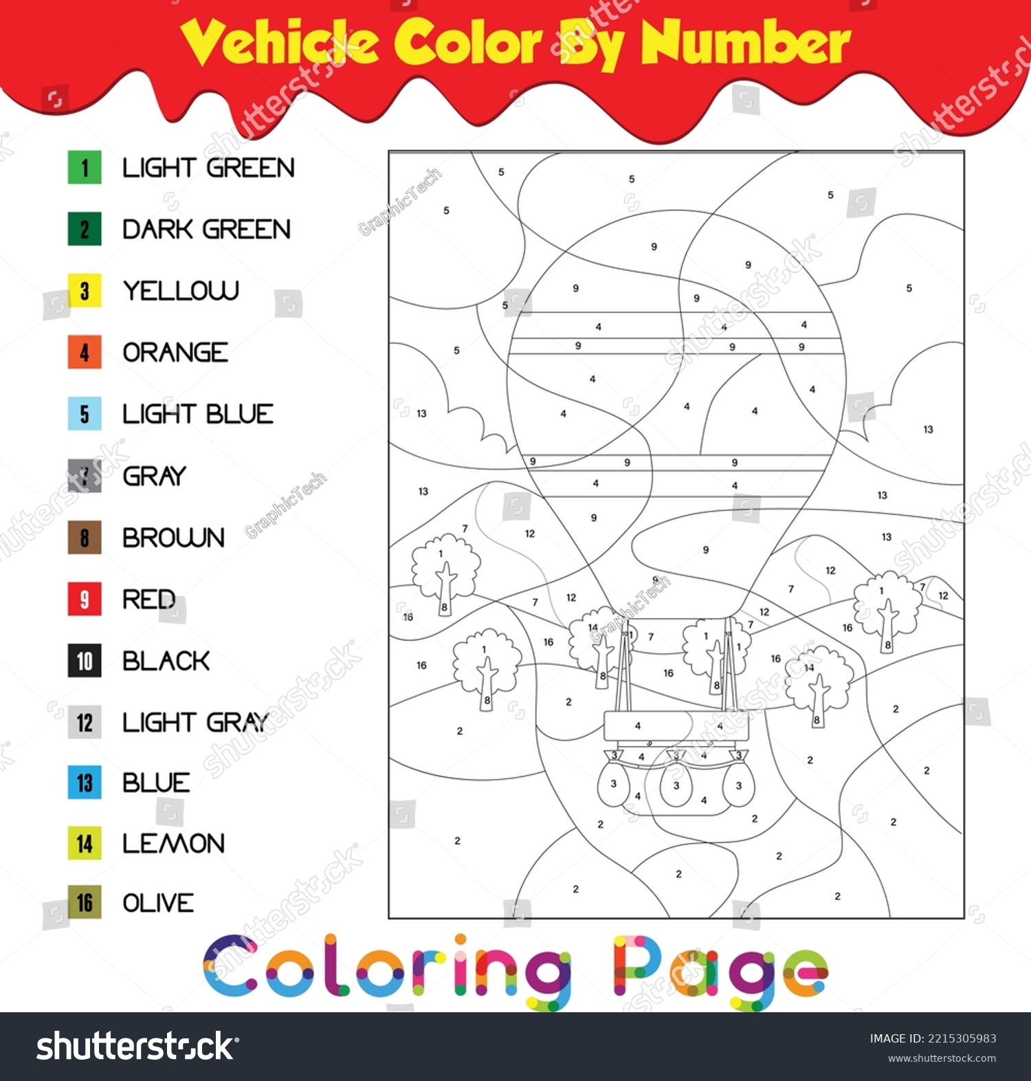 Vehicle color by number coloring book stock vector royalty free