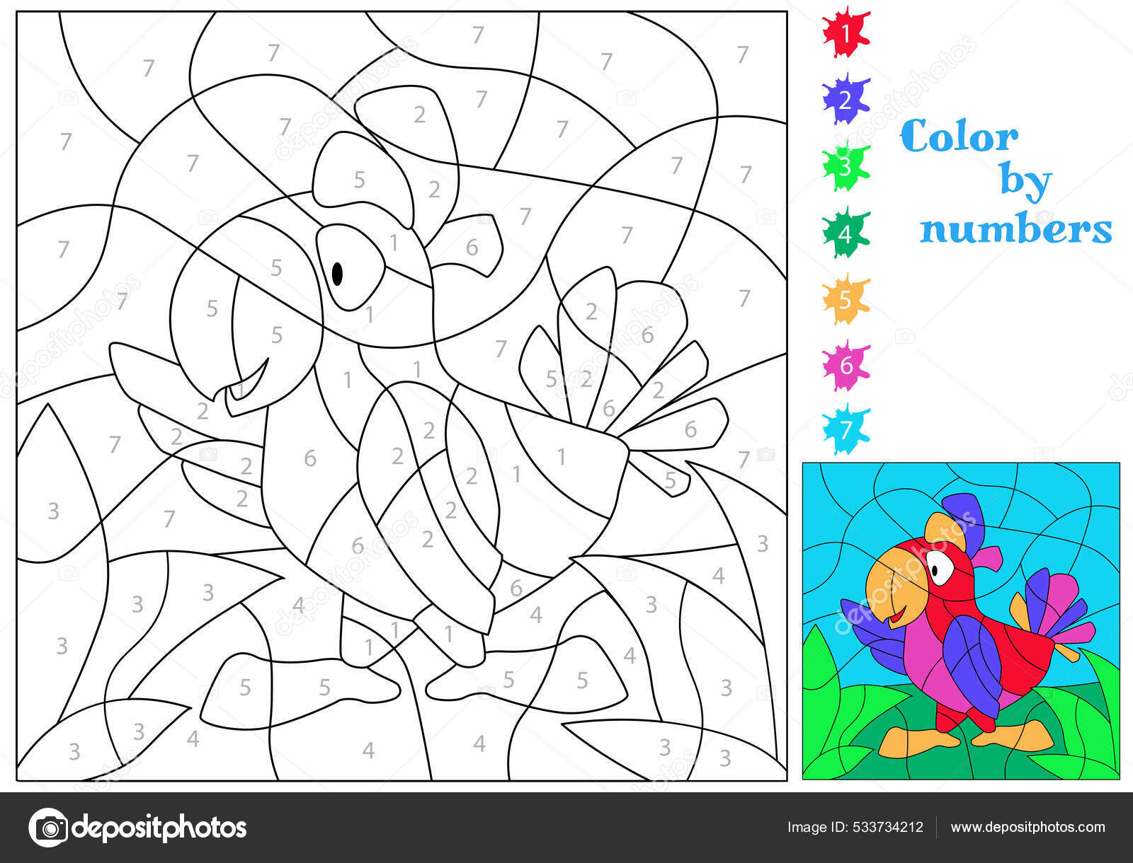 Cheerful parrot paint numbers coloring book educational puzzle game children stock vector by gavaec