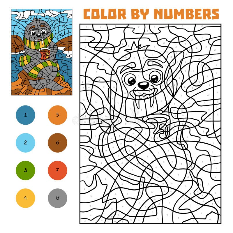 Color by number for children walrus on the beach stock vector