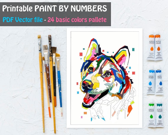 Colorful husky cute dog paint by number printable coloring page printable color by number animal coloring sheet diy painting