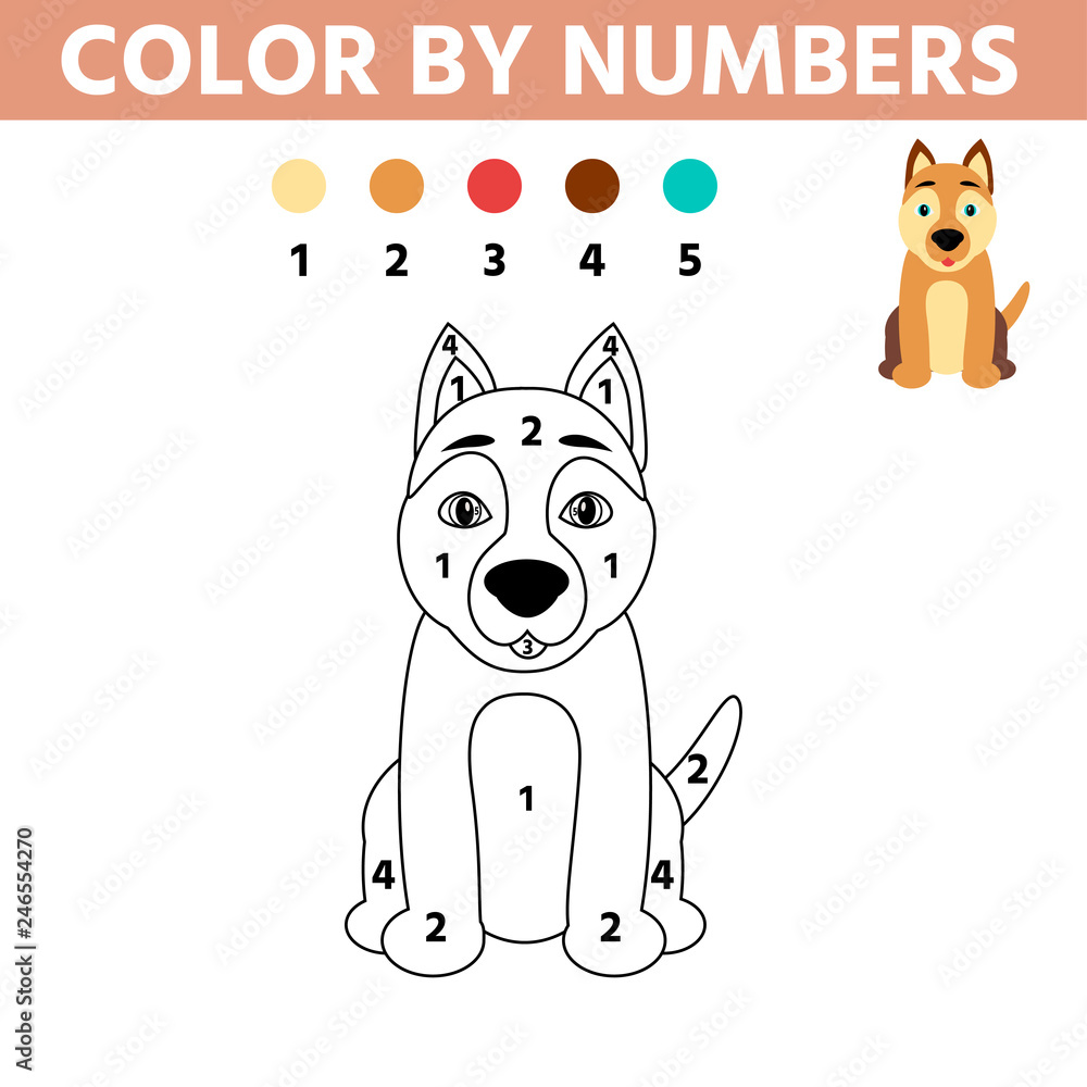 Coloring page with cute dog color by numbers educational children game drawing kids activity printable sheet vector illustration vector