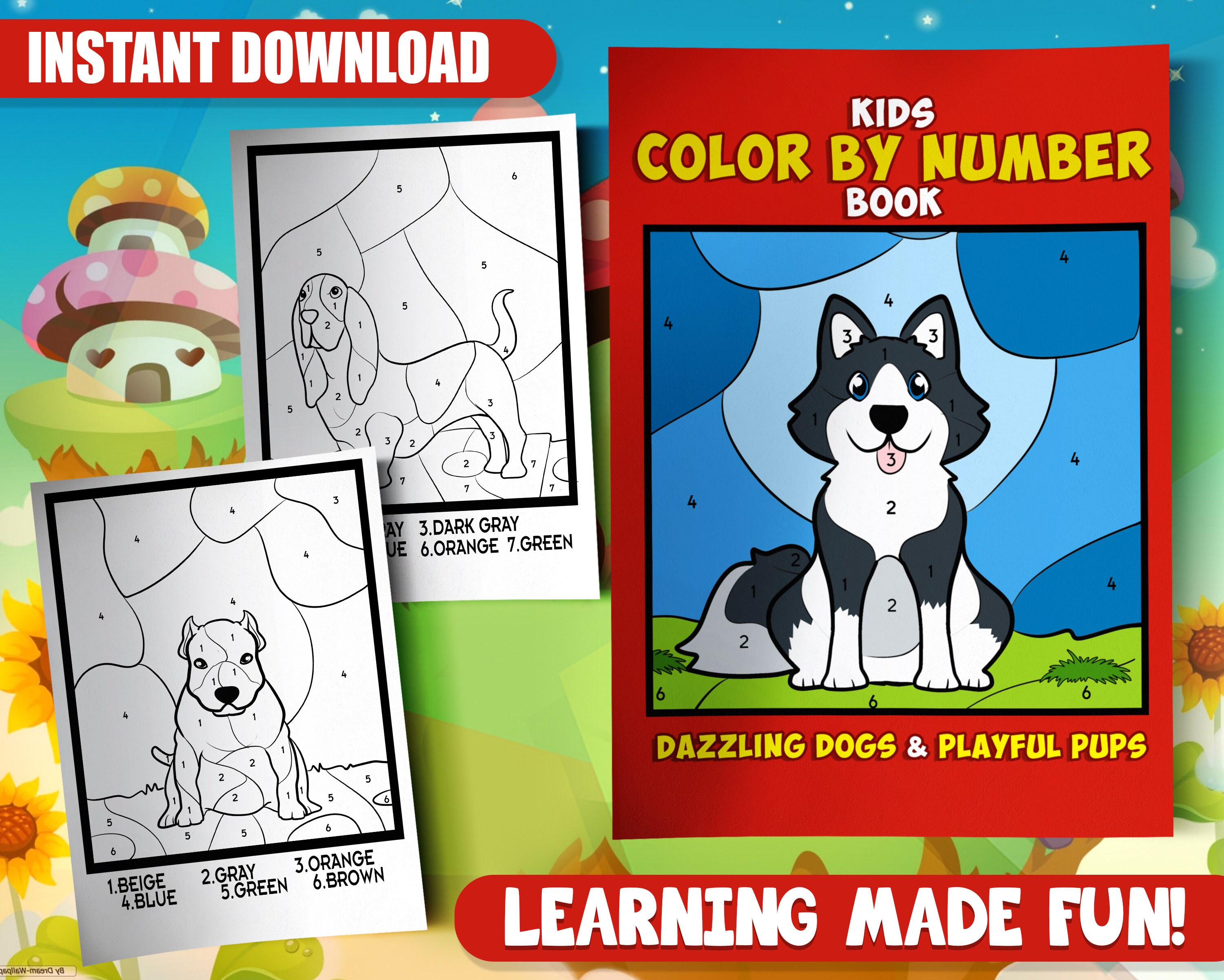 Best value puppy color by number coloring pages instant download dog color by number coloring book for kids adults gift for dog lover