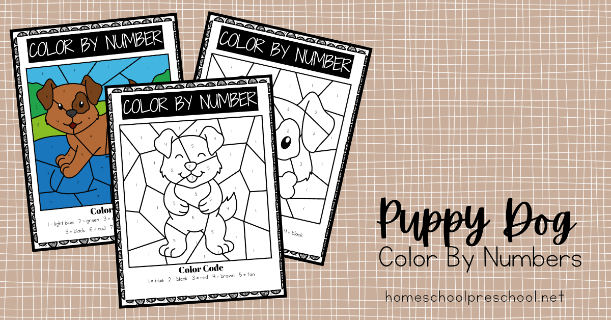 Dog color by number printables for preschoolers