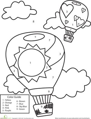 Color by number hot air balloons worksheet education preschool activities math activities preschool numbers for kids