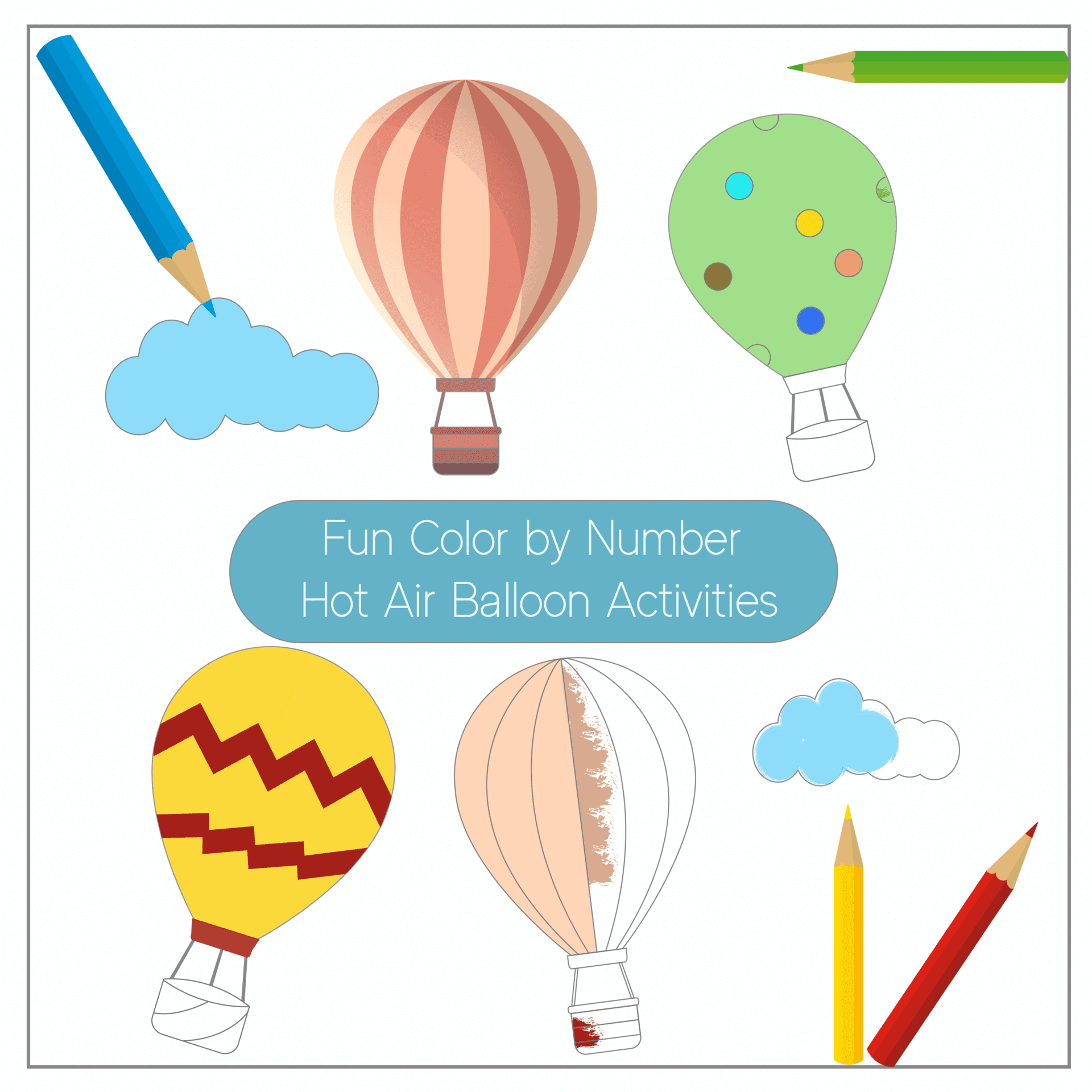 Fun color by number hot air balloon worksheets free printable