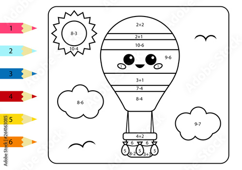 Coloring page by numbers kawaii cartoon hot air balloon activity worksheet addition and subtraction educational game for children vector