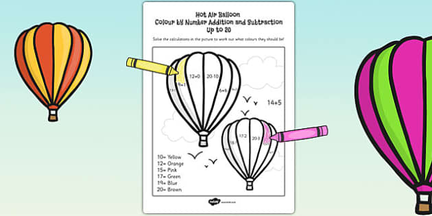 Hot air balloon colour by number addition and subtraction up