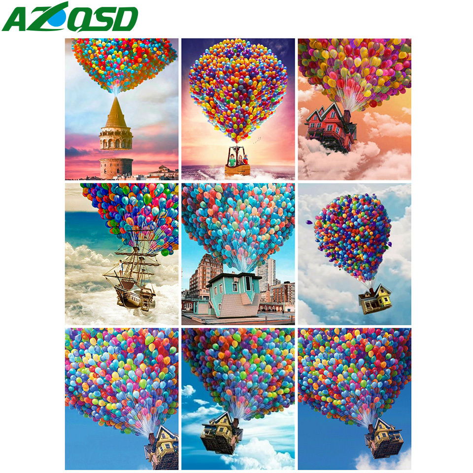 Azqsd painting by numbers house hot air balloon landscape handpainted draw on canvas scenery coloring picture art home decor