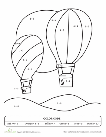 Color by sum hot air balloon worksheet education hot air balloon holiday math worksheets education