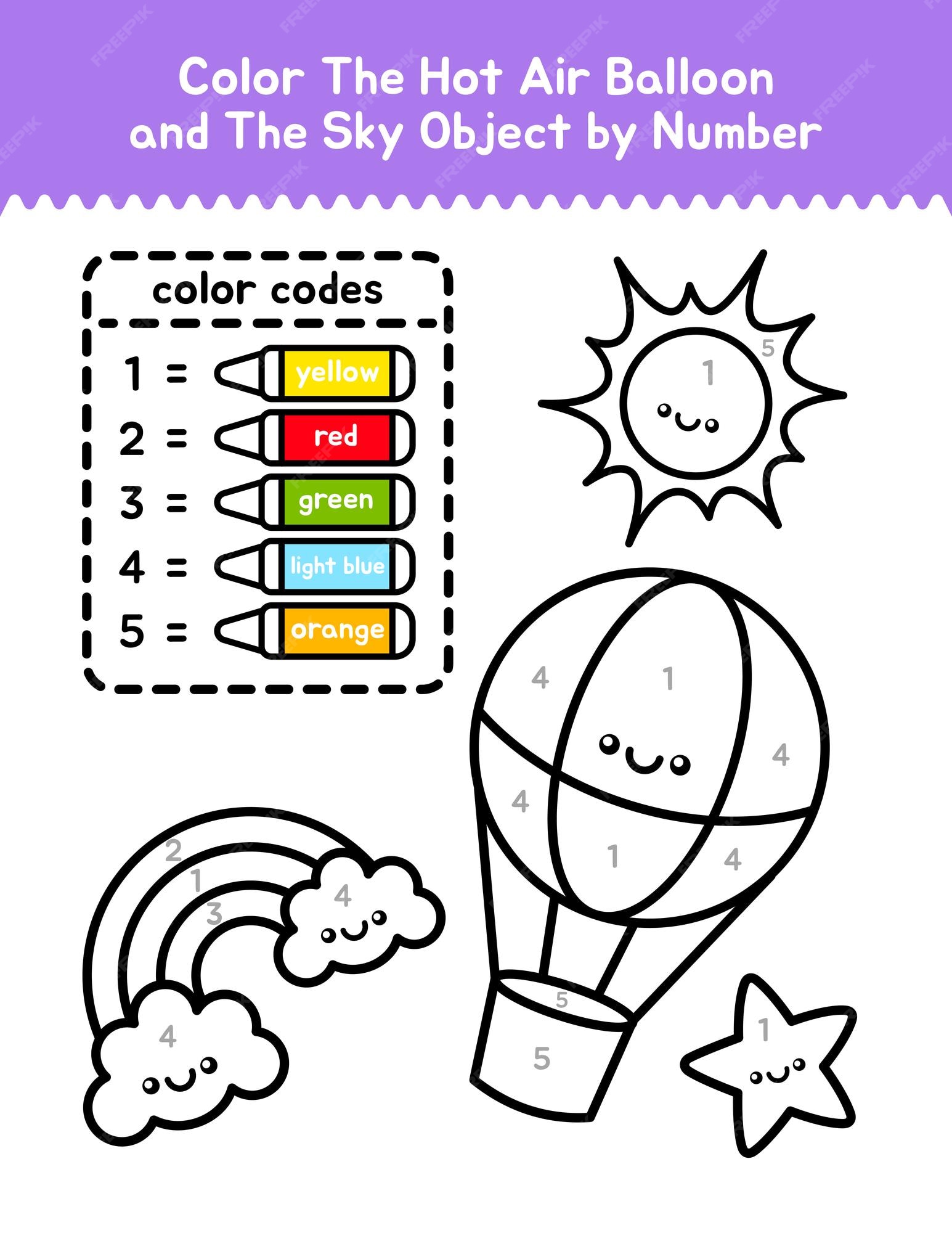 Premium vector cute hot air balloon and sky objects color by number coloring page for children