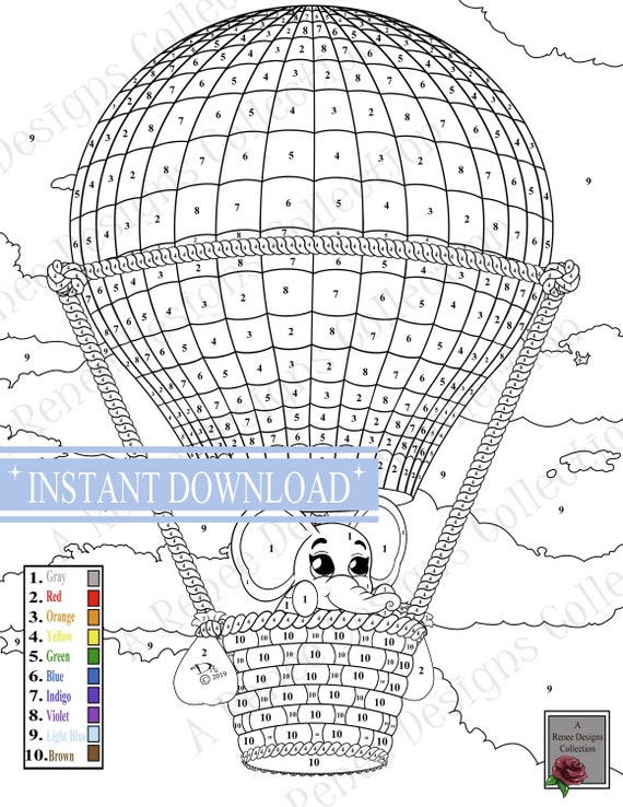 Elephant and hot air balloon color by number page animal coloring sheet elephant coloring page kids coloring sheet elephant art