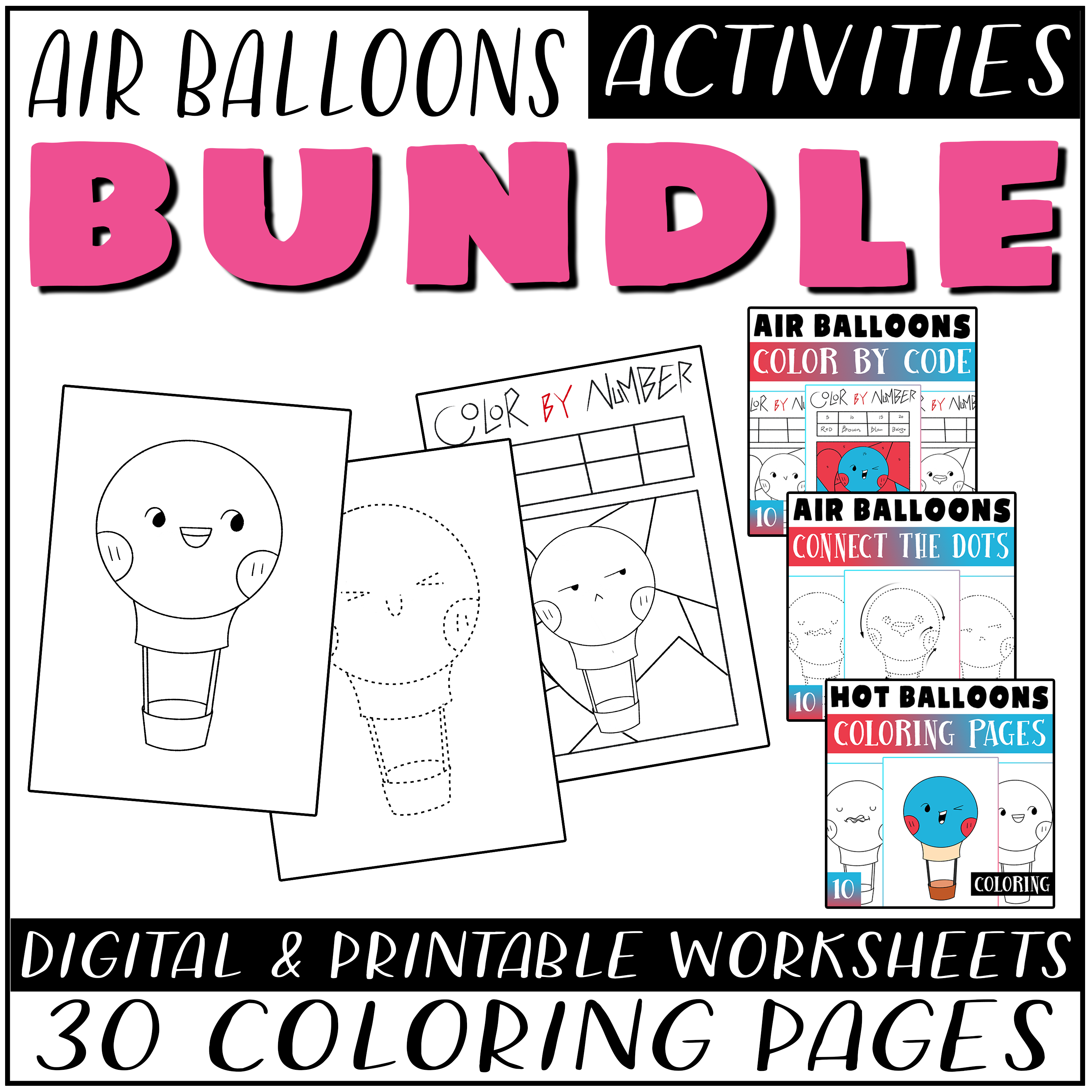 Hot air balloons coloring bundle coloring pages color by number dot to dot made by teachers