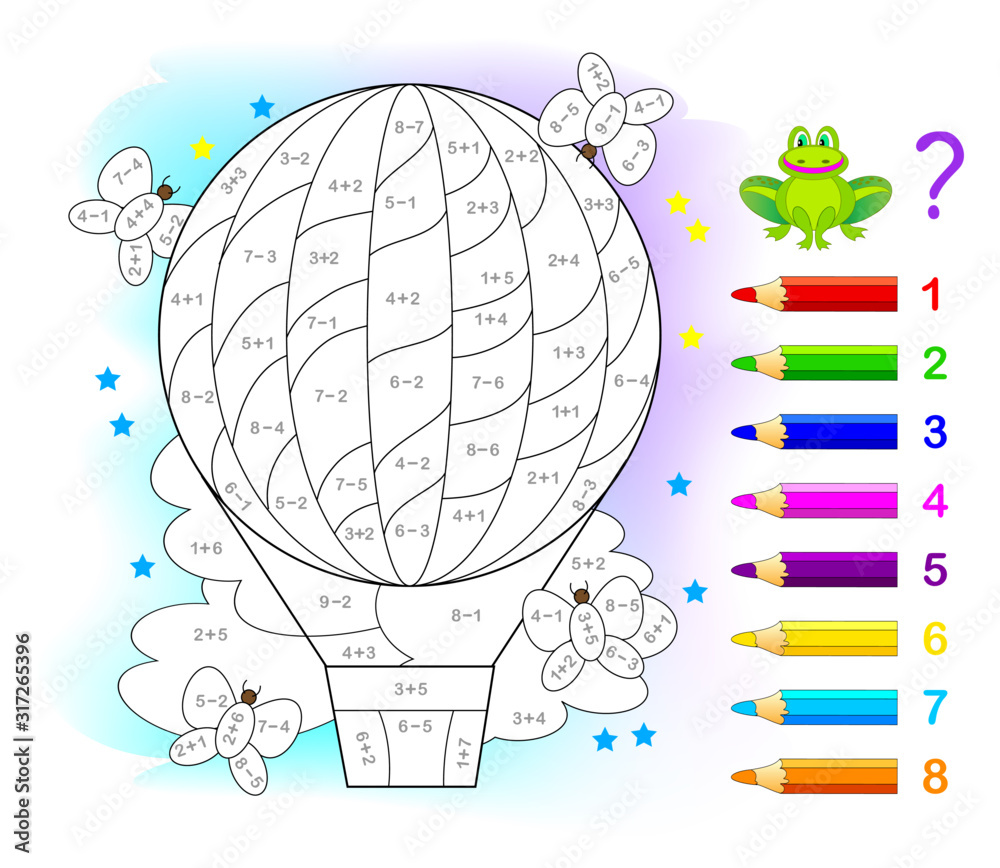 Vecteur math education for children coloring book mathematical exercises on addition and subtraction solve examples and paint air balloon developing counting skills printable worksheet for kids textbook