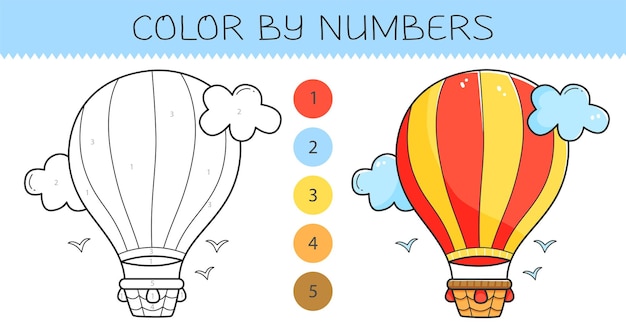 Premium vector color by numbers coloring book for kids with airship coloring page with cute cartoon airship