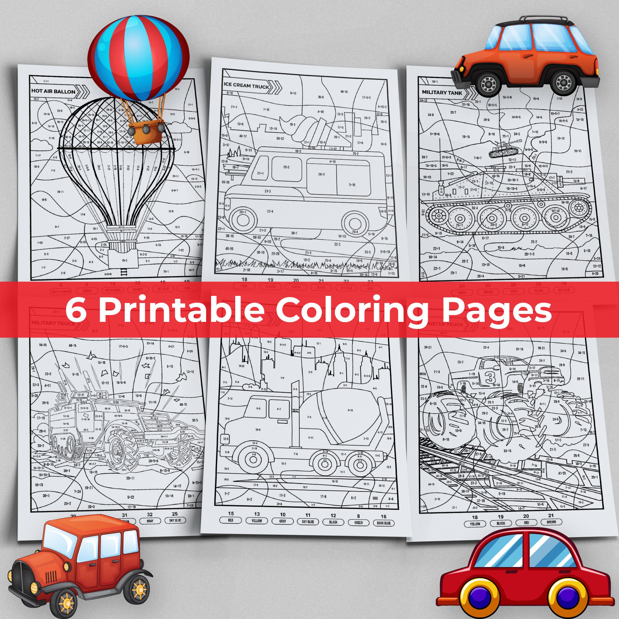 Best value printable things that go addition and subtraction coloring activity pages instant download summer math worksheet for kids