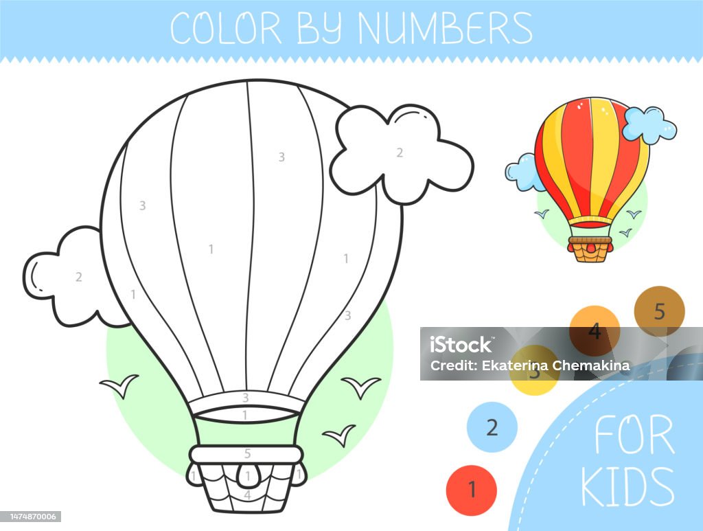 Color by numbers coloring page for kids with airship coloring book with cute cartoon airship with an example for coloring monochrome and color versions stock illustration
