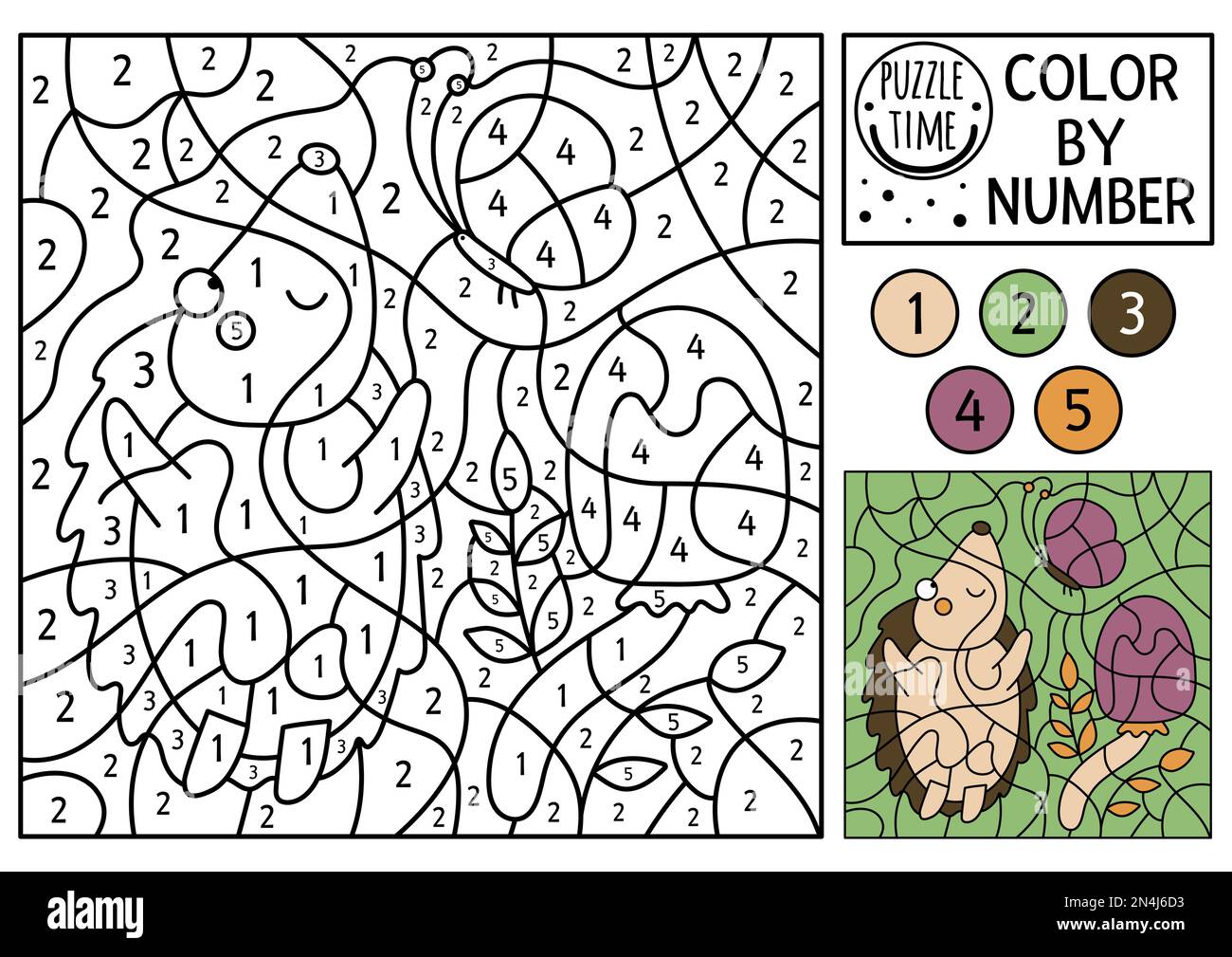Vector forest color by number activity with hedgehog butterfly and mushroom autumn woodland counting game with cute animal funny fall nature colori stock vector image art
