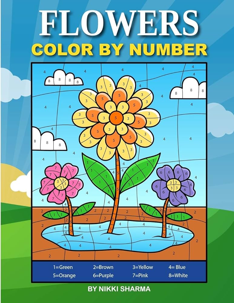 Flowers color by number coloring book for kids ages