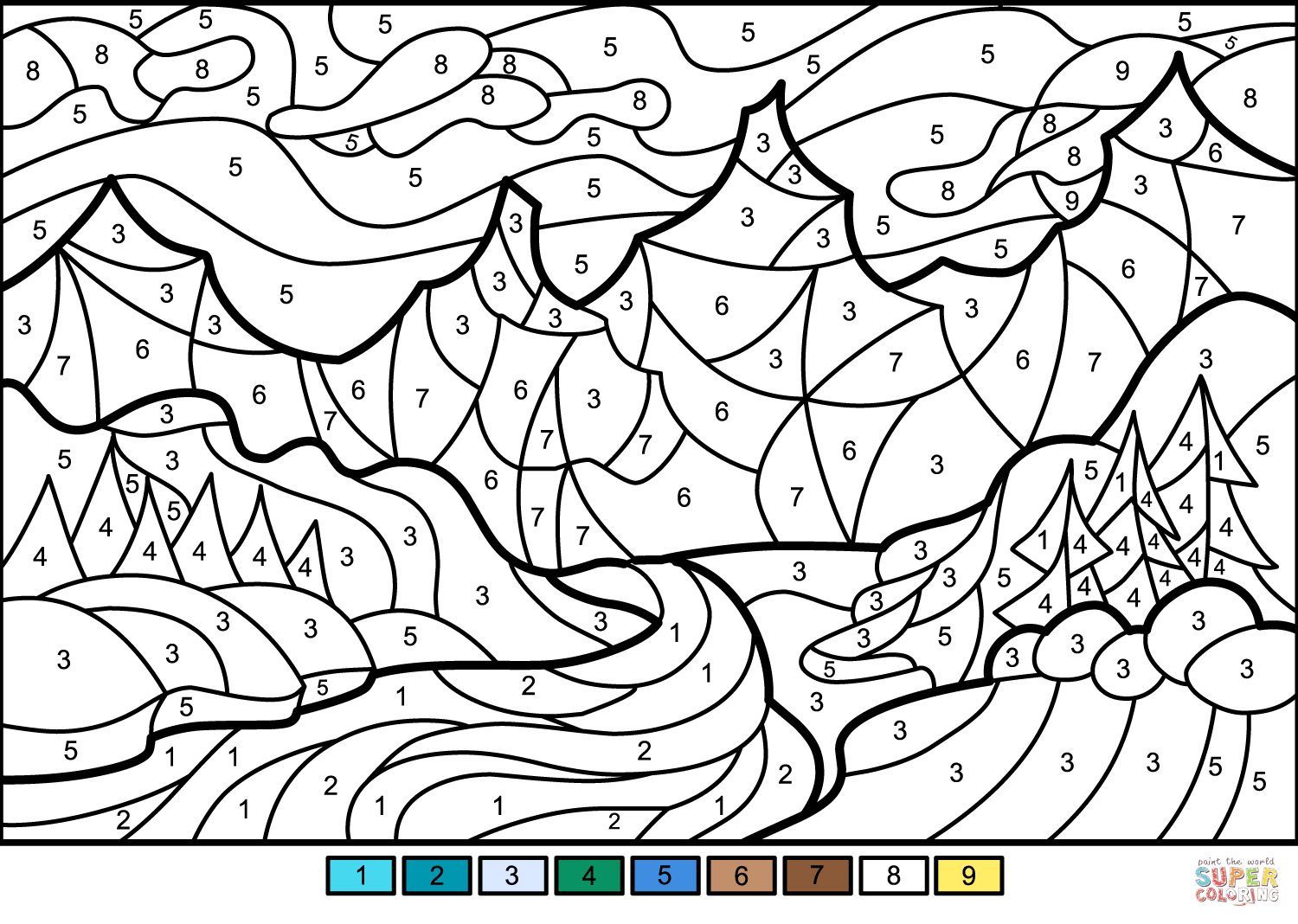 Winter landscape color by number free printable coloring pages